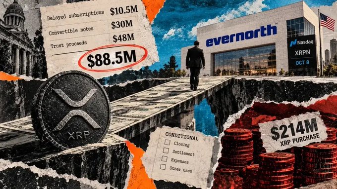 A collage-style image features XRP branding with text including '$88.5M', '$10.5M', '$30M', '$48M', '$214M XRP PURCHASE', 'CONDITIONAL', and 'Evernorth Nasdaq XRPN OCT 8'.