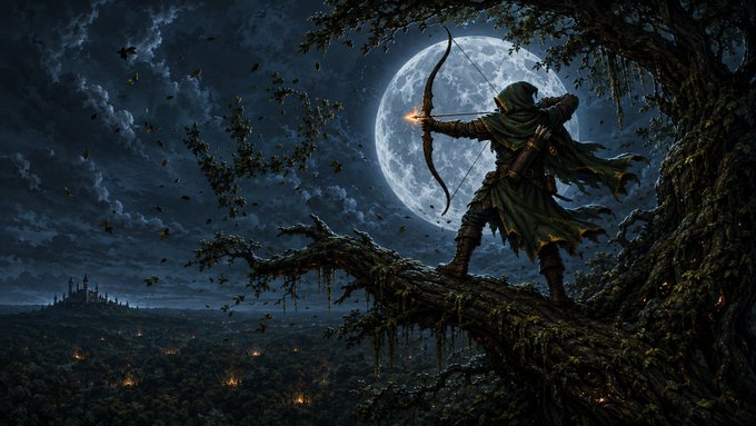 A hooded archer, reminiscent of Robin Hood, stands on a gnarled tree branch drawing back a glowing arrow against the backdrop of a full moon and a distant burning castle. The image evokes the outlaw folklore and Sherwood Forest setting central to the "Hoodbound" play-to-earn RPG.