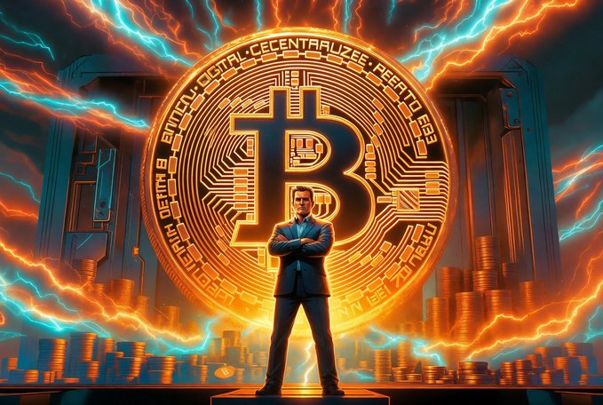A digital illustration of a man in a suit standing confidently in front of a massive glowing golden Bitcoin logo, surrounded by stacks of coins and dramatic orange and blue lightning effects.