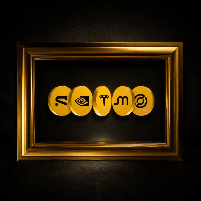 Five golden circular medallions featuring different tech and brand logos are displayed in an ornate gold picture frame against a dark background.