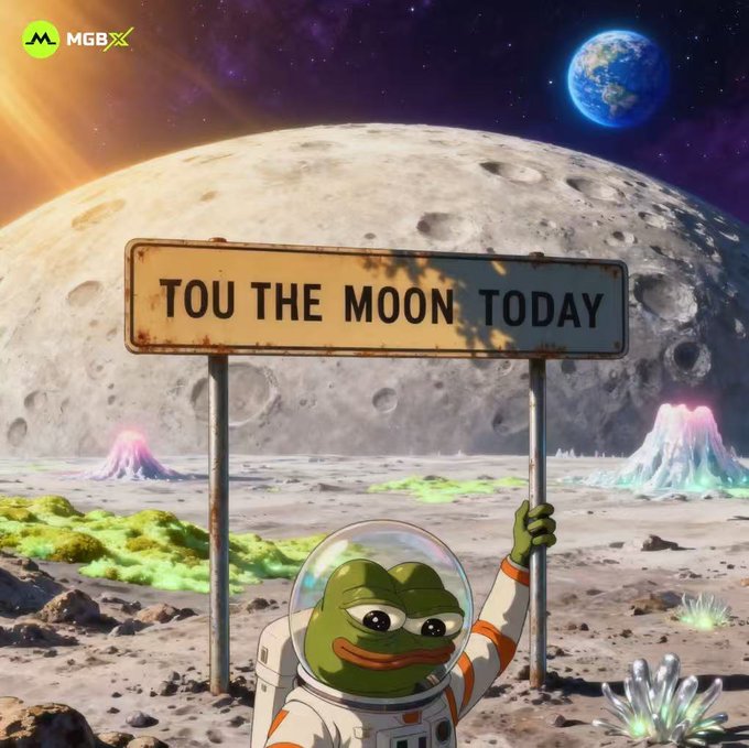 An MGBX promotional image featuring a cartoon Pepe frog in an astronaut suit on the moon holding a sign that reads 'TOU THE MOON TODAY', with Earth visible in the background.