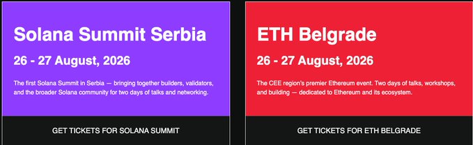 The image features two side-by-side event banners for "Solana Summit Serbia" (26-27 August, 2026) and "ETH Belgrade" (26-27 August, 2026), both in purple and red respectively. The events tie into the post's mention of Belgrade Blockchain Week (24-28 August), highlighting that ETH Belgrade is one of the key conferences happening during that week where the poster plans to discuss agentic economies.