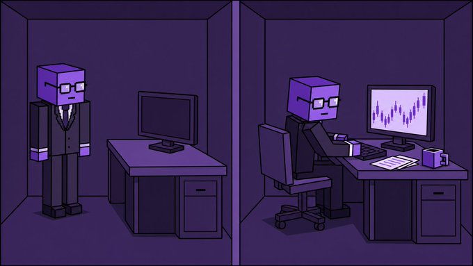 A purple-tinted office scene shows a block-headed character in a suit at a desk, first standing then sitting and working on a computer displaying a stock chart, representing the act of "clocking in" or activating a position by making a transaction. The post's message reminds buyers on the secondary market that they must personally activate their broker rather than waiting for the seller, framing the simple act of executing a trade as essential.