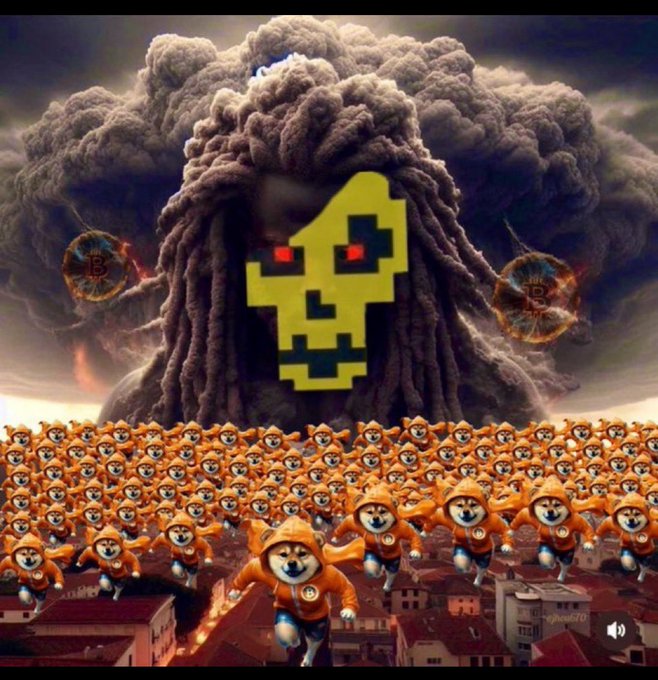 A menacing skull with red eyes floats above a massive volcanic eruption, while a horde of orange Shiba Inu dog figures wearing Bitcoin logos runs through a destroyed city below.