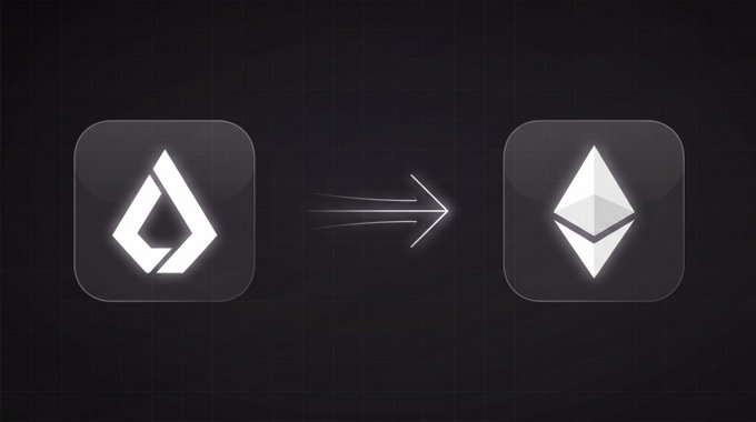 A graphic showing an icon labeled with a stylized logo transitioning with an arrow to the Ethereum (ETH) cryptocurrency logo.
