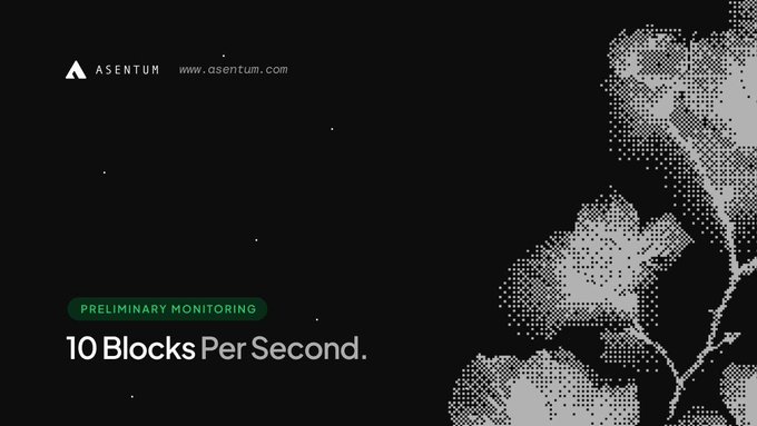 A dark promotional graphic for Asentum (www.asentum.com) with the text 'PRELIMINARY MONITORING' and '10 Blocks Per Second.' alongside dotted tree illustrations.