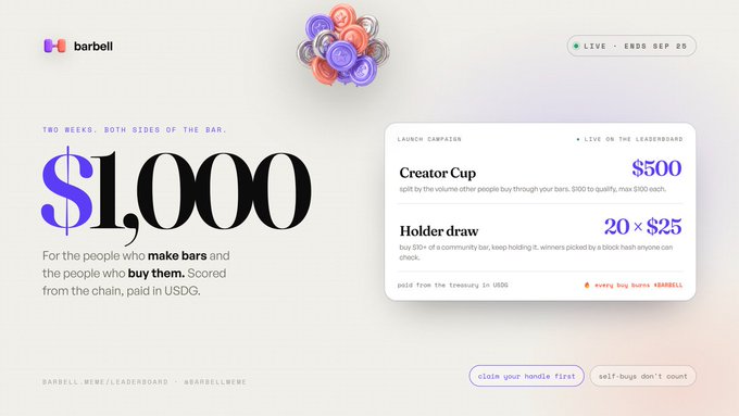 A promotional graphic for "barbell" featuring a $1,000 prize with details for a "Creator Cup" ($500) and "Holder draw" (20 x $25), urging viewers to "claim your handle first".