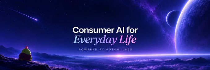 A banner reading 'Consumer AI for Everyday Life, POWERED BY GOTCHI LABS' against a cosmic backdrop with planets and a figure on a mountain.