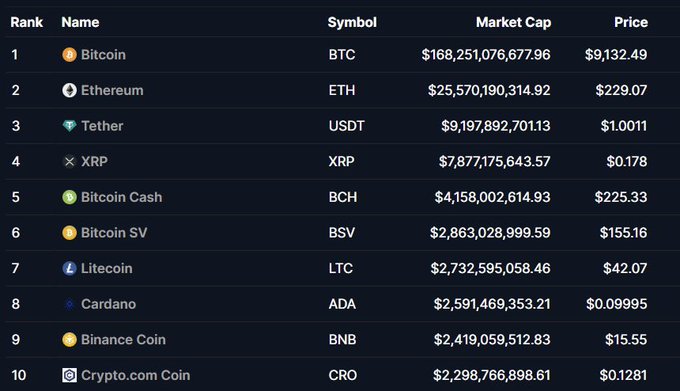 A cryptocurrency market cap ranking table showing Bitcoin (BTC) at #1 with a market cap of $168,251,076,677.96 and price of $9,132.49, followed by Ethereum (ETH), Tether (USDT), XRP, Bitcoin Cash (BCH), Bitcoin SV (BSV), Litecoin (LTC), Cardano (ADA), Binance Coin (BNB), and Crypto.com Coin (CRO).