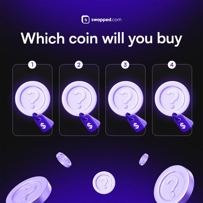 A purple-themed social media post by swapped.com asks "Which coin will you buy?" featuring four numbered cards (1-4), each showing a hidden coin marked with a question mark and a price tag, inviting viewers to choose one to reveal.