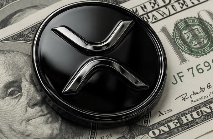 A glossy black XRP (Ripple) token rests atop a U.S. one-hundred-dollar bill, visually linking the cryptocurrency to fiat wealth. The pairing reinforces the post's message of long-term holding—suggesting that patience and inner peace, rather than chasing every candle, is where true value (and payoff) is found.