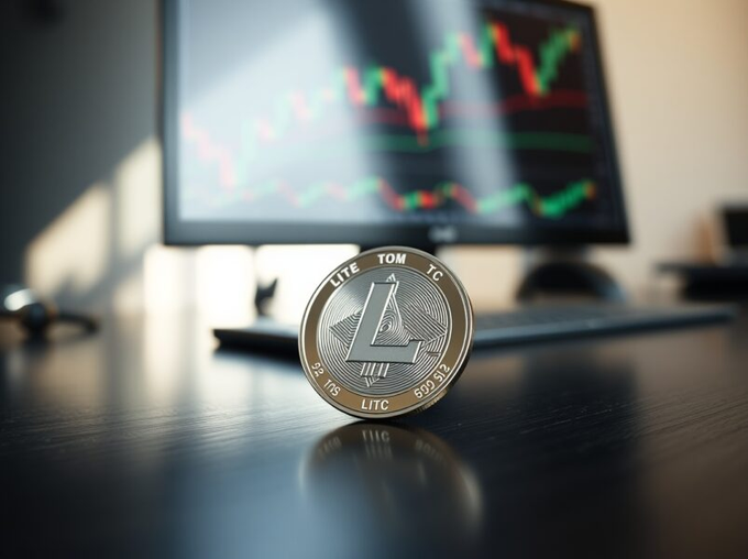 A Litecoin ($LTC) coin stands upright on a dark desk in front of a monitor displaying a red and green trading chart, visually reinforcing the post's message about LTC's enduring reliability and longevity in the crypto market. The coin's "L" logo and "LTC" lettering are clearly visible, symbolizing the cryptocurrency's proven track record through multiple market cycles.