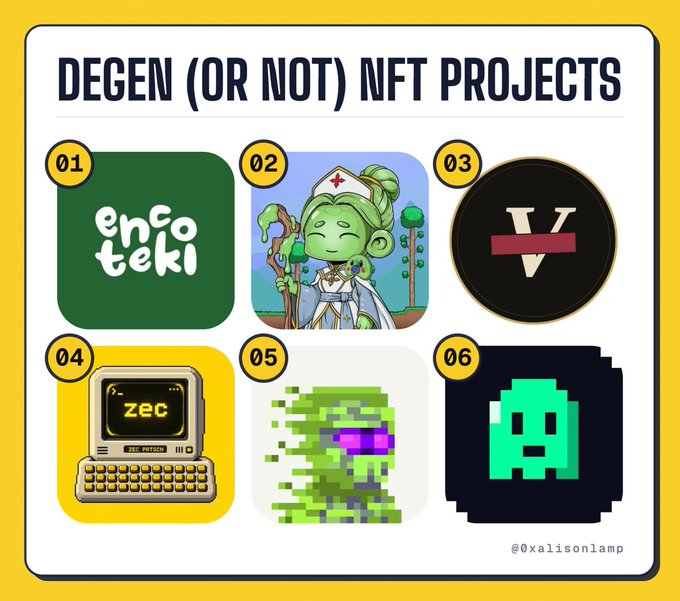 A graphic titled 'DEGEN (OR NOT) NFT PROJECTS' featuring six numbered NFT icons including 'enCo teki', a green pixel character, and a ZEC-themed laptop, with the handle '@xalisonlamp' at the bottom.