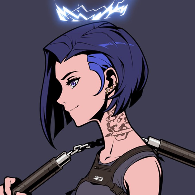 An anime-style illustration of a blue-haired female character in profile, wearing a halo made of lightning bolts, with skull tattoos on her neck and a chain weapon slung over her shoulder.