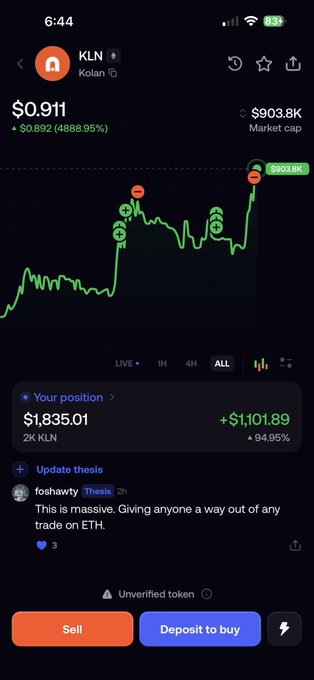 A screenshot of a cryptocurrency trading app displays a token named 'KLN' (Kolan) at a price of $0.911, showing a massive 4888.95% gain and a user position of $1,835.01.