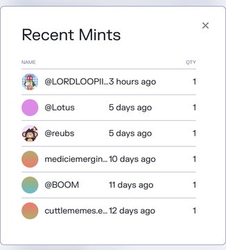 A screenshot of a 'Recent Mints' list showing usernames like '@LORDLOOPII', '@Lotus', '@reubs', 'mediciemergin...', '@BOOM', and 'cuttlememese...' with their mint quantities and timestamps.
