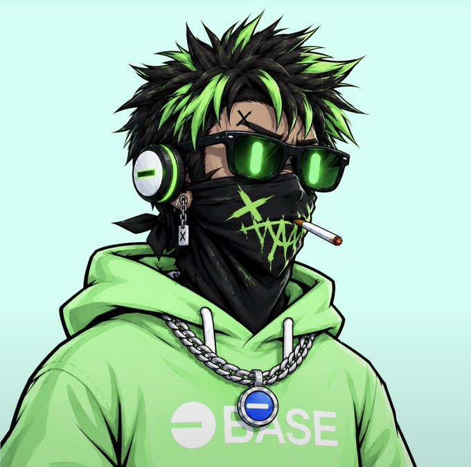 Anime-style illustration of a character with green and black hair, green sunglasses, a black face mask with green stitching, a cigarette, and a green hoodie featuring the Base (BASE) logo.
