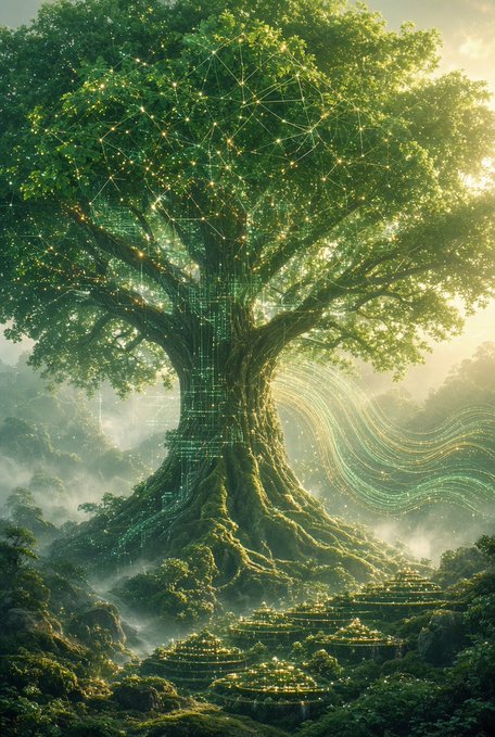 A fantasy digital artwork depicting a massive ancient tree with glowing data streams and constellation-like nodes woven through its branches, rising above terraced stone structures in a misty green landscape.