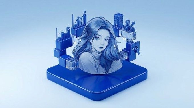 A blue monochromatic 3D illustration of a woman with long flowing hair emerging from a floating platform, surrounded by miniature buildings and urban structures arranged in a circular frame.