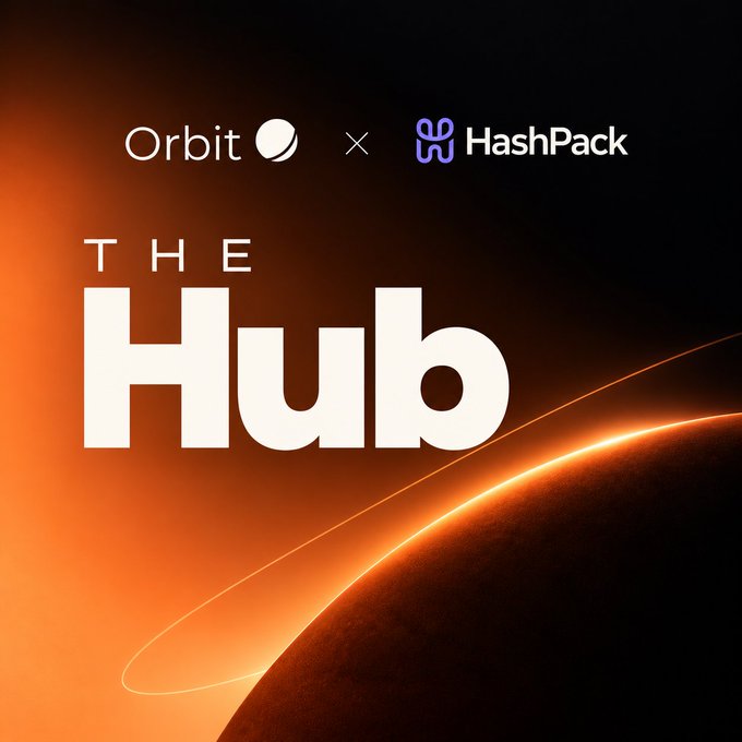 A black-and-orange promotional graphic reads “Orbit × HashPack” and “THE Hub,” with a glowing orange horizon curve.