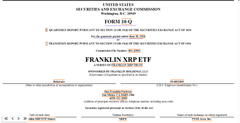 The image is the official United States Securities and Exchange Commission (SEC) Form 13-Q filing for **Franklin XRP Trust (CUSIP: 35180K 206)**, filed on behalf of **Franklin Templeton**. It documents the fund's quarterly report to the SEC, supporting the post's claim that Franklin Templeton significantly increased its XRP holdings by over 65 million tokens (worth approximately $1.79 billion) in a single quarter.