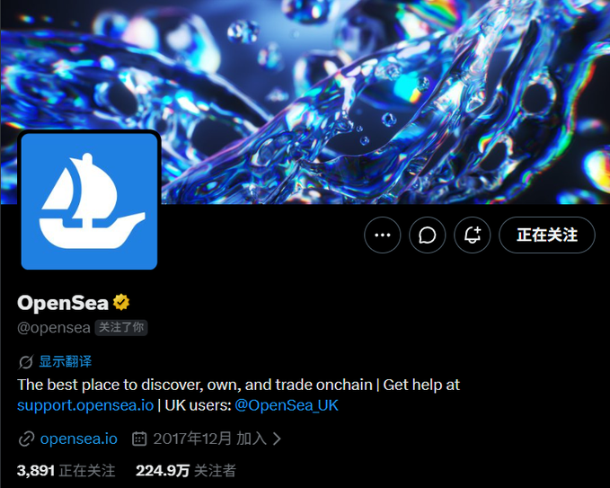 The OpenSea (@opensea) Twitter/X profile page with a sailboat logo, described as 'The best place to discover, own, and trade onchain', with 3,891 following and 2.249M followers.