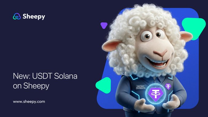 The image features a cartoon sheep character wearing a blue jacket, standing against a dark background. The text "New: USDT Solana on Sheepy" is displayed above the sheep's head, indicating that there has been a new update for the USDT token on the Ethereum blockchain. The post also mentions that this update allows users to pay with Bitcoin or Ethereum, and it highlights the benefits of using Bitcoin or Ethereum instead of traditional fiat currency.