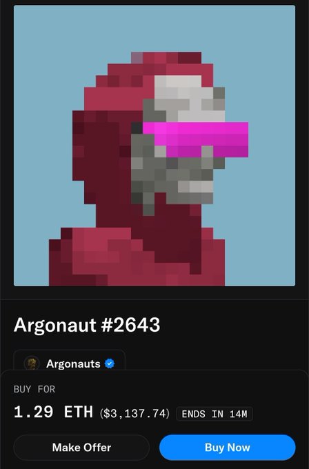 An NFT listing for 'Argonaut #2643' showing a pixel-art character with a red hood and pink visor, priced at 1.29 ETH ($3,137.74) with 14 minutes remaining in the auction.