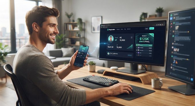 A man at a desk holding a smartphone connected to a dual-monitor setup displaying cryptocurrency trading dashboards with values like '$125K'.