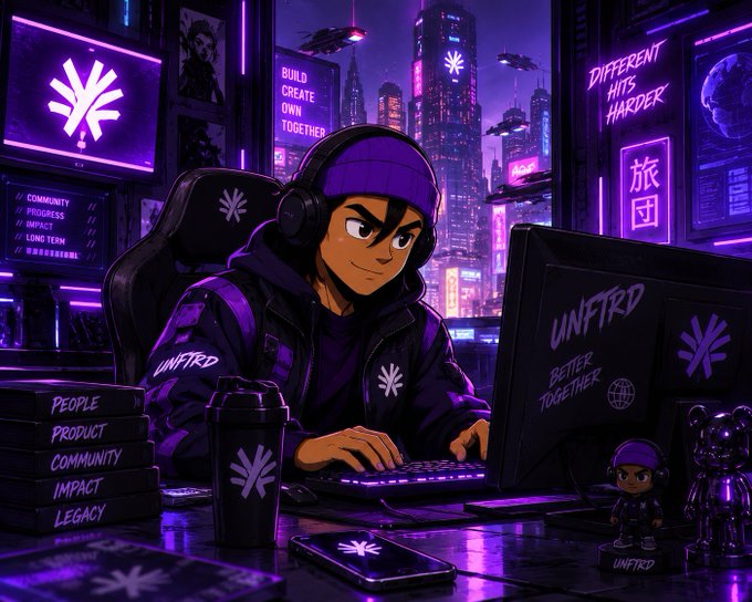 A neon purple cyberpunk-style illustration of a gamer with headphones sitting at a PC setup, surrounded by 'UNFTRD' branding and signage reading 'BETTER TOGETHER' and 'DIFFERENT HITS HARDER'.