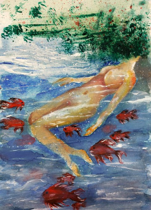 This image depicts a tranquil underwater scene as if viewed from beneath a submerged surface, featuring a reclining figure partially immersed in a watery medium. The painting is emphasized by its watermark, “@jary_dreaming” and number, “1194” placed at the bottom right corner of the image. The words do not reveal any direct relationship to the content of the post. However, by interpreting the title, “Good night Turquoise memories,” it hints at a transportive, dreamlike narrative within the painting, inviting viewers to immerse themselves in its tranquility.