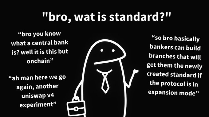 The image is a meme featuring a stick figure in a tie holding a briefcase, with text bubbles presenting an informal, "bro-style" explanation of a new on-chain standard—comparing it to a "central bank but onchain" and referencing "Uniswap v4 experiment" and "expansion mode" for protocol branches.

The meme humorously frames the post's enthusiasm by suggesting that the coin's lasting value stems from game theory incentives that discourage immediate selling ("jeeting") and encourage holding, much like how a central bank-issued standard would create sustained demand.