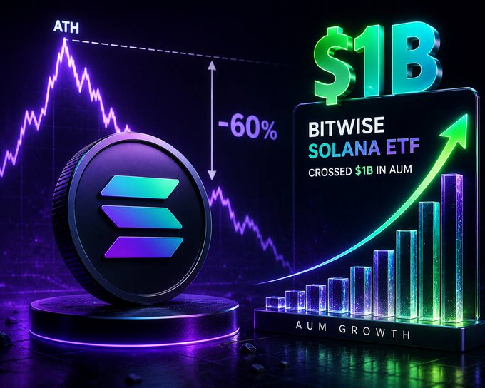 A vibrant digital graphic promotes the 'BITWISE SOLANA ETF CROSSED $1B IN AUM' featuring the Solana logo, a -60% price drop indicator from ATH, and a glowing upward bar chart labeled 'AUM GROWTH'.