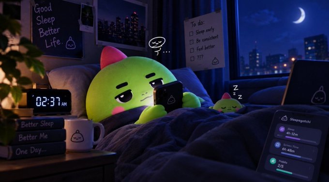 An illustration of a green blob character looking tired while on a smartphone in bed at night, with a digital clock reading '02:37 AM', a 'To do' list, and a Sleepagotchi stats panel showing Sleep 4h 12m, Deep Sleep 5h 48m, and Habit 2/5.