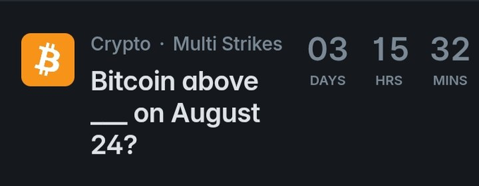 A crypto tracker widget labeled 'Crypto · Multi Strikes' counting down to Bitcoin's price target date of August 24, showing 3 days, 15 hours, and 32 minutes remaining.