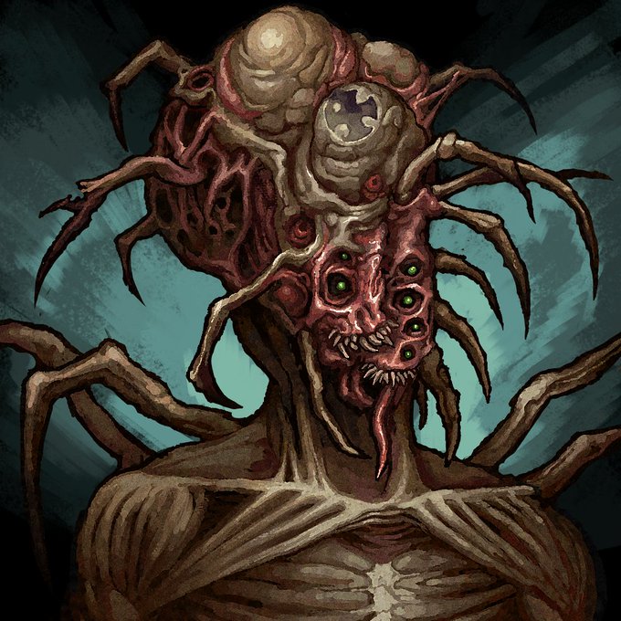 A dark, grotesque digital illustration of a monstrous creature with multiple eyes, spider-like appendages, and a fanged maw emerging from a fleshy mass on a humanoid body.