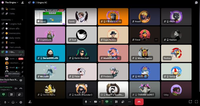Discord voice channel 'Origins VC' interface showing a grid of user avatars with active speakers including Sumit, BlitzETH, Anashi, CryptoGek, and others.