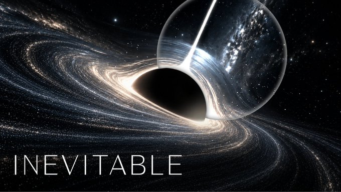A cosmic digital artwork depicting a black hole pulling in streams of stardust and galaxies is overlaid with the word 'INEVITABLE' in white text.