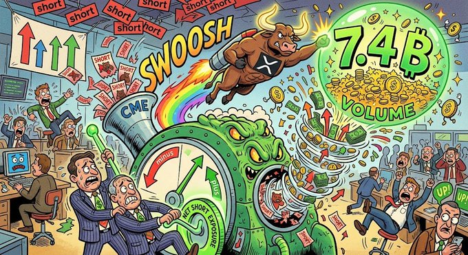 A colorful cartoon illustration depicting financial chaos with a bull flying through the air, labeled 'SWOOSH' and 'CME', amid panicked traders, 'short' signs, and a green monster labeled '7.4B VOLUME'.