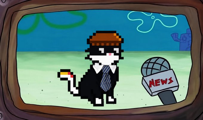 A cartoon pixel-art character, a black and white cat wearing a suit, tie, and brown hat, sits on a sandy seafloor next to a microphone labeled 'NEWS'.