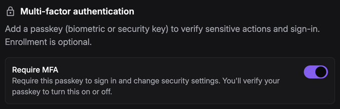 A screenshot of Bankr's "Multi-factor authentication" settings page, showing the "Require MFA" toggle enabled with a prompt to "Add a passkey (biometric or security key) to verify sensitive actions and sign-in." The image illustrates the recommended security step in response to a security incident involving a compromised X (Twitter) account.