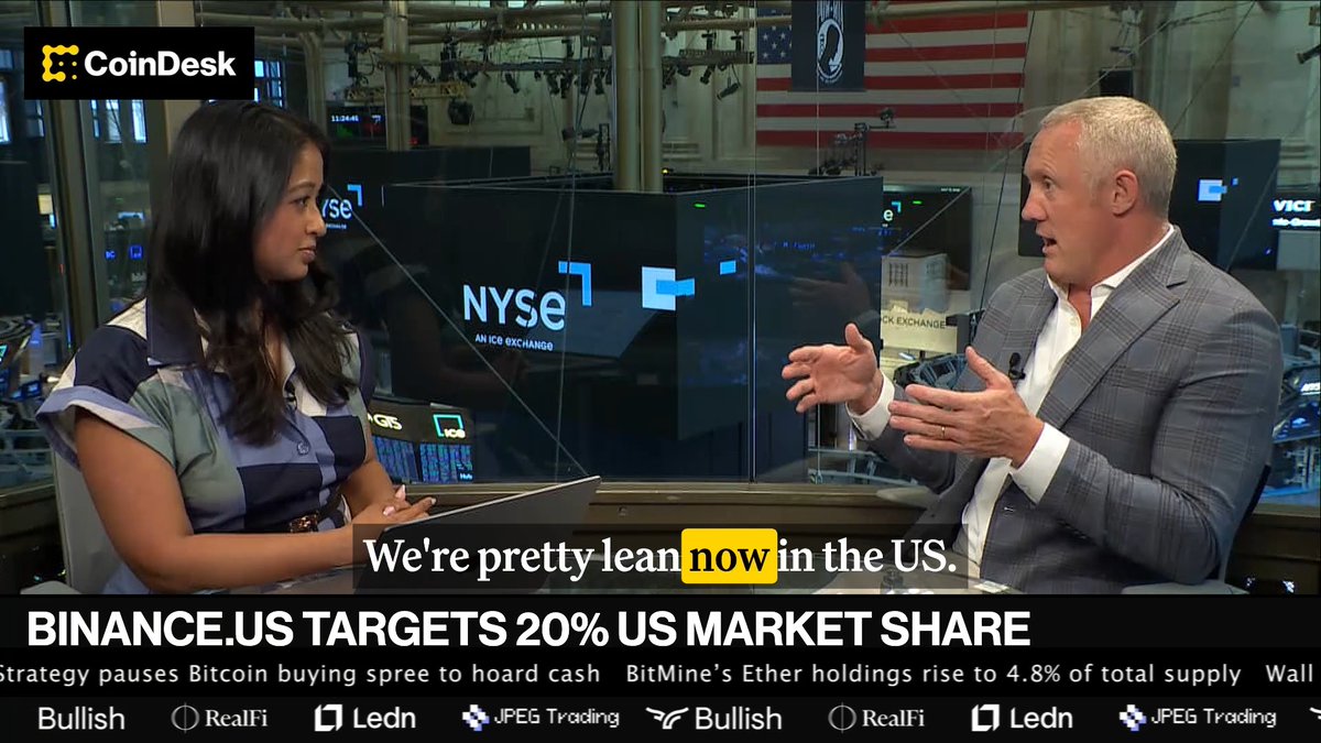 The image shows a CoinDesk interview at the NYSE featuring Binance.US CEO Stevie (Stevie_Satoshi) discussing the company's goal of capturing 20% US market share, with on-screen text noting "We're pretty lean now in the US." This visually supports the post's claim about Binance.US's strategy to embrace a no-fee trading model similar to the one that disrupted traditional equity markets, as exemplified by the NYSE backdrop.