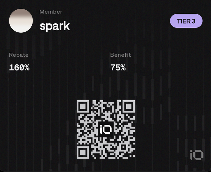 A digital membership card for a "spark" member labeled "TIER 3" showing a 160% rebate, a 75% benefit, and a central QR code on a dark patterned background.