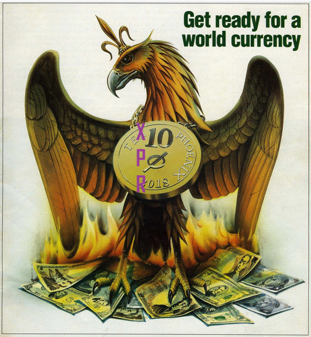 The image features a large, detailed illustration of an eagle with its wings spread wide open. The eagle is holding a gold coin in its beak, which has the number "10" written on it. The background of the image shows a fire burning behind the eagle and the coin. The caption at the bottom of the image reads: "Get ready for a world currency".