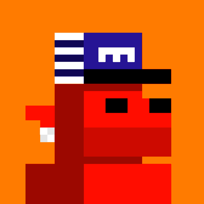 A minimalist pixel art illustration of a red character wearing a blue cap with an 'M' logo against an orange background.