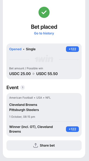 A screenshot of a sports betting app showing a placed bet of USDC 25.00 with a possible win of USDC 55.50 on the Cleveland Browns to win (+122) against the Pittsburgh Steelers in an NFL game on October 1st.