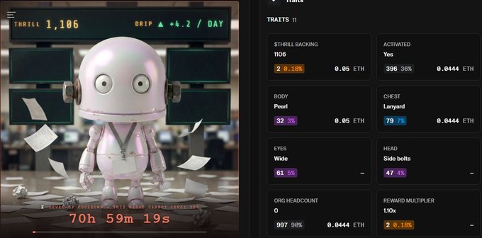 An NFT trading interface shows a 'Stoned Apes' character with a thrill of 1,106, displaying traits including Pearl body (32%), Lanyard chest (79%), Wide eyes (61%), and Side bolts head (47%).