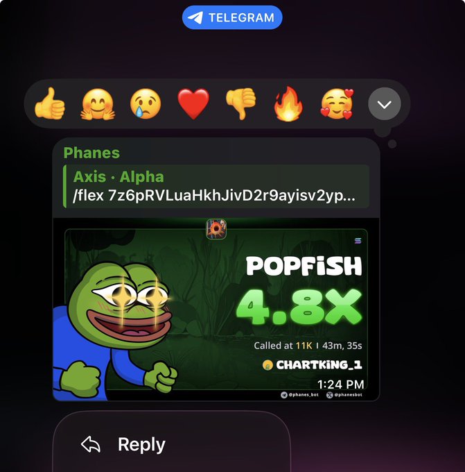 A screenshot from Telegram shows a message from 'Phanes' featuring a green Pepe the Frog meme with dollar-sign eyes promoting 'POPFISH 4.8X', called at 11K.
