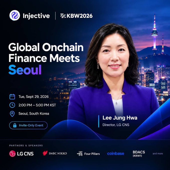 An event invitation for 'Global Onchain Finance Meets Seoul' by Injective and KBW2026, featuring Lee Jung Hwa (Director, LG CNS), scheduled for Sept 29, 2026, with partners including LG CNS, SMBC NIKKO, Four Pillars, Coinbase, and BDACS.