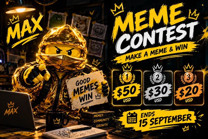 A character in a gold hoodie holds a "GOOD MEMES WIN" sign in a meme contest promo featuring $50, $30, and $20 USD prizes ending September 15, advertising an AI meme contest by Max (@MxmlnOfficial) with rewards in SOL for creating content featuring the character.